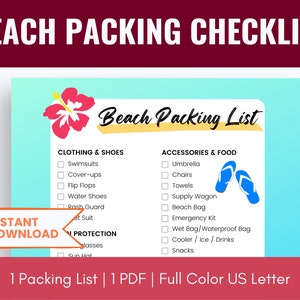 Beach Packing List PDF, Printable Beach Trip Packing Checklist, Beach Vacation Packing Checklist, Beach Essentials List, Color, US Letter
