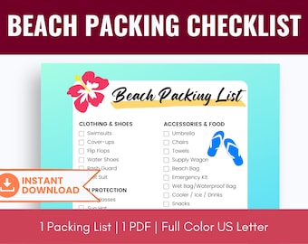 Beach Pack List PDF, druckbare Beach Trip Packing Checklist, Strandurlaub Packing Checklist, Beach Essentials List, Farbe, US Letter