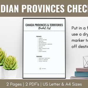 Lista de deseos de provincias de Canadá y mapa IMPRIMIBLE, Mapa de viaje de provincias y territorios, Lista de verificación de seguimiento de viajes canadiense, Carta de EE. UU., A4