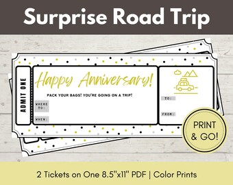 Anniversary Surprise Road Trip Printable Ticket, Surprise Trip Announcement, Travel Gift Certificate Voucher, Vacation Surprise Reveal