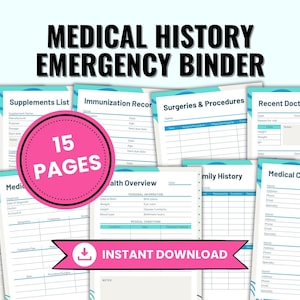 Printable Medical Binder, Medical History Forms, In Case of Emergency Medical Information, Medical Planner for Family Emergencies, US Letter