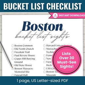 Boston Bucket List Checklist, Printable Sightseeing Travel Tracker, City Bucket List, City Scavenger Hunt, Boston Scavenger Hunt