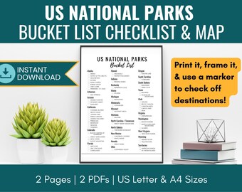 US National Parks Bucket List and Map PRINTABLE, 63 Parks Travel Map, National Parks Checklist Travel Tracker, Black & White, US Letter, A4