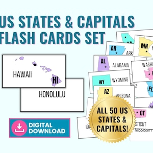 May include: A set of 50 US state and capital flash cards. The cards are color-coded and feature a map of each state with its capital city marked with a star. The cards are arranged in a pile with a gold seal that reads "ALL 50 US STATES & CAPITALS!"