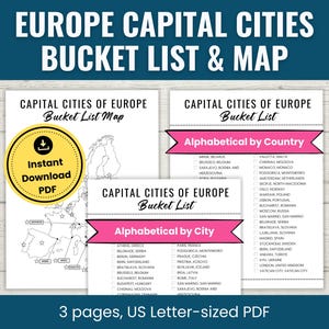 Europe Capitals Bucket List Checklist & Map, Printable Coloring Map of Europe, Capital Cities of Europe Minimalist Travel Tracker, US Letter