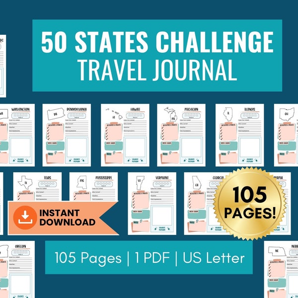 50 States Challenge Travel Journal, My 50 States Adventure Journal, United States Travel Tracker, US Letter