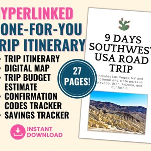 Itinerario de viaje hecho para usted de 9 días por el suroeste de EE. UU. en formato PDF, mapa y hoja de cálculo de presupuesto; Itinerario de vacaciones DFY; Plan de vacaciones DFY; ¡Reserva y listo!