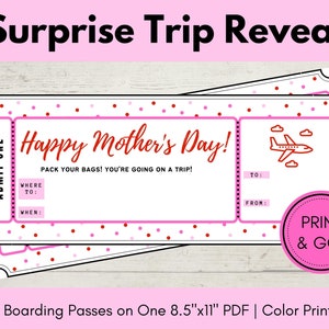 Mother&#39;s Day Surprise Trip Printable Boarding Pass, Surprise Trip Announcement, Travel Gift Certificate Voucher, Vacation Surprise Reveal