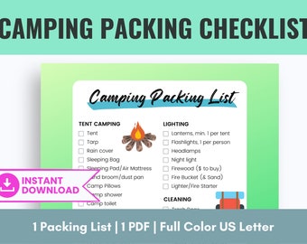 Camping Packing List PDF, Printable Camping Trip Packing Checklist, Camping Vacation Checklist, Camping Essentials List, Color, US Letter