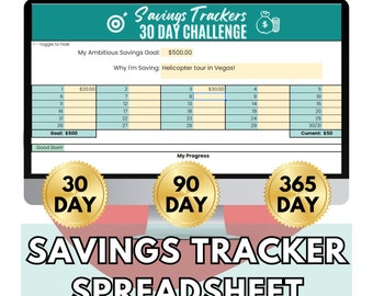 Puede incluir: Una pantalla de ordenador muestra una hoja de cálculo de seguimiento de ahorros para un desafío de 30 días. El objetivo es de 500 €, con un gráfico de progreso y insignias doradas para 30, 90 y 365 días. El texto "Savings Tracker Spreadsheet" está en la parte inferior.