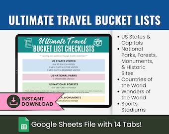 Hoja de cálculo con la lista definitiva de deseos para viajar: rastreadores de estados, países, parques nacionales y estadios deportivos de EE. UU. en un solo archivo de Hojas de cálculo de Google.