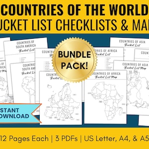 Länder der Welt Bucket List Checklist & Map Bundle, 6 druckbare Ausmalkarten, 6 minimalistische Reise-Tracker, US Letter, A4, A5