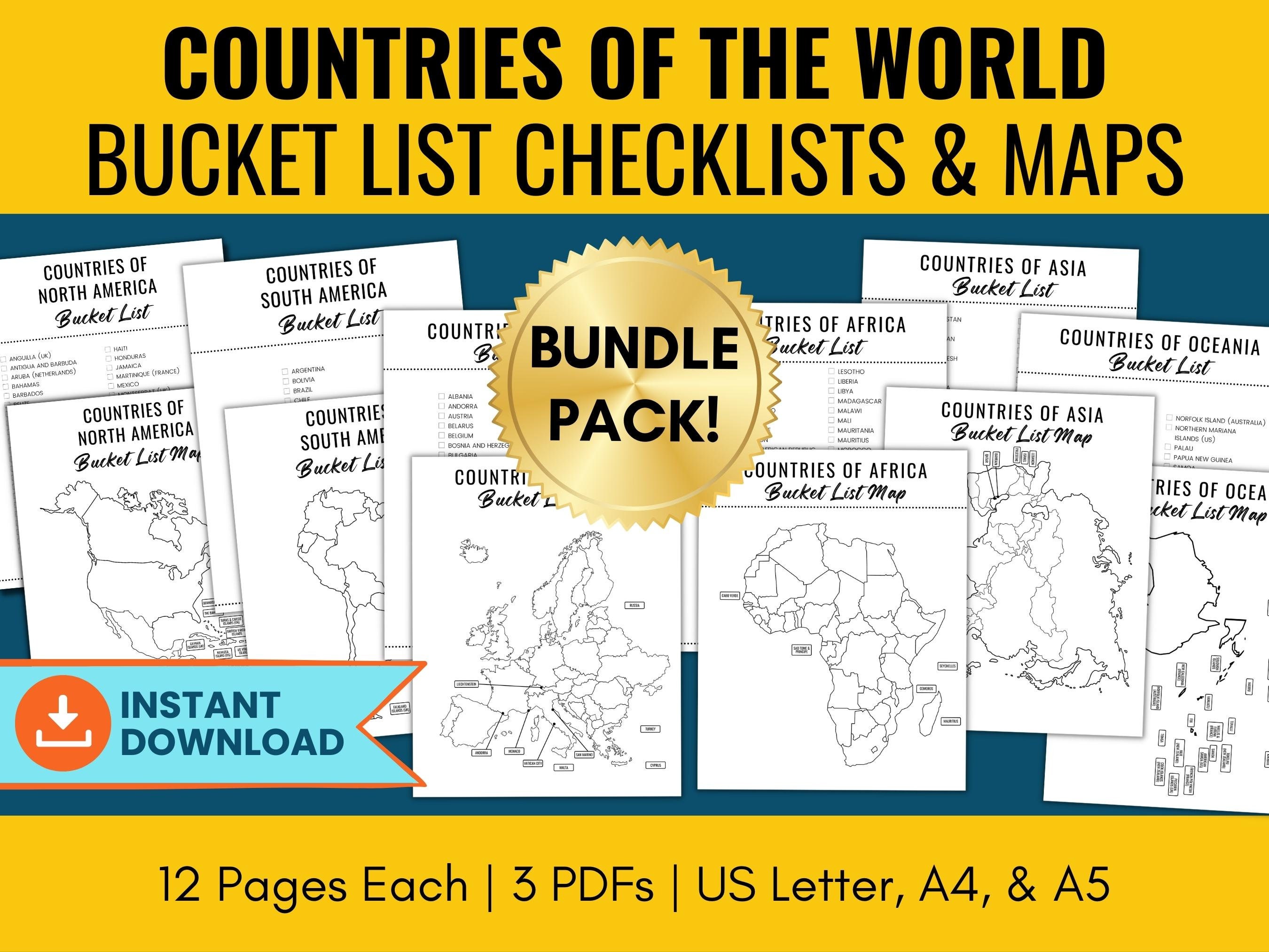 Countries of the World Bucket List Checklist & Map Bundle, 6 Printable Coloring Travel Maps, 6 Minimalist Travel Trackers, US Letter, A4, A5