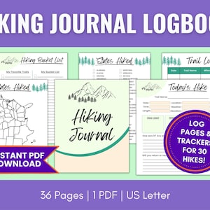 Hiking Journal Printable, Hiking Log PDF, Hiking Trail Bucket List Tracker, Hiking Logbook, US Hiking Tracker Map & Checklist, Hiker Journal