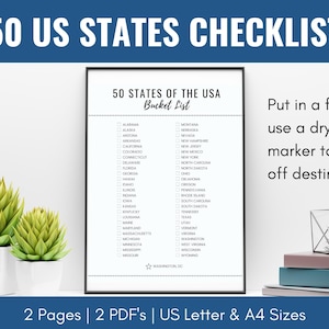 USA Bucket List und Ausmalkarte druckbar, 50 Staaten Checkliste Reisekarte, USA Travel Tracker, 50 Staaten Herausforderung, US Letter, A4