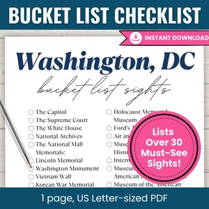 Washington DC Bucket List Checklist, Printable Sightseeing Travel Tracker, City Bucket List, City Scavenger Hunt, DC Scavenger Hunt