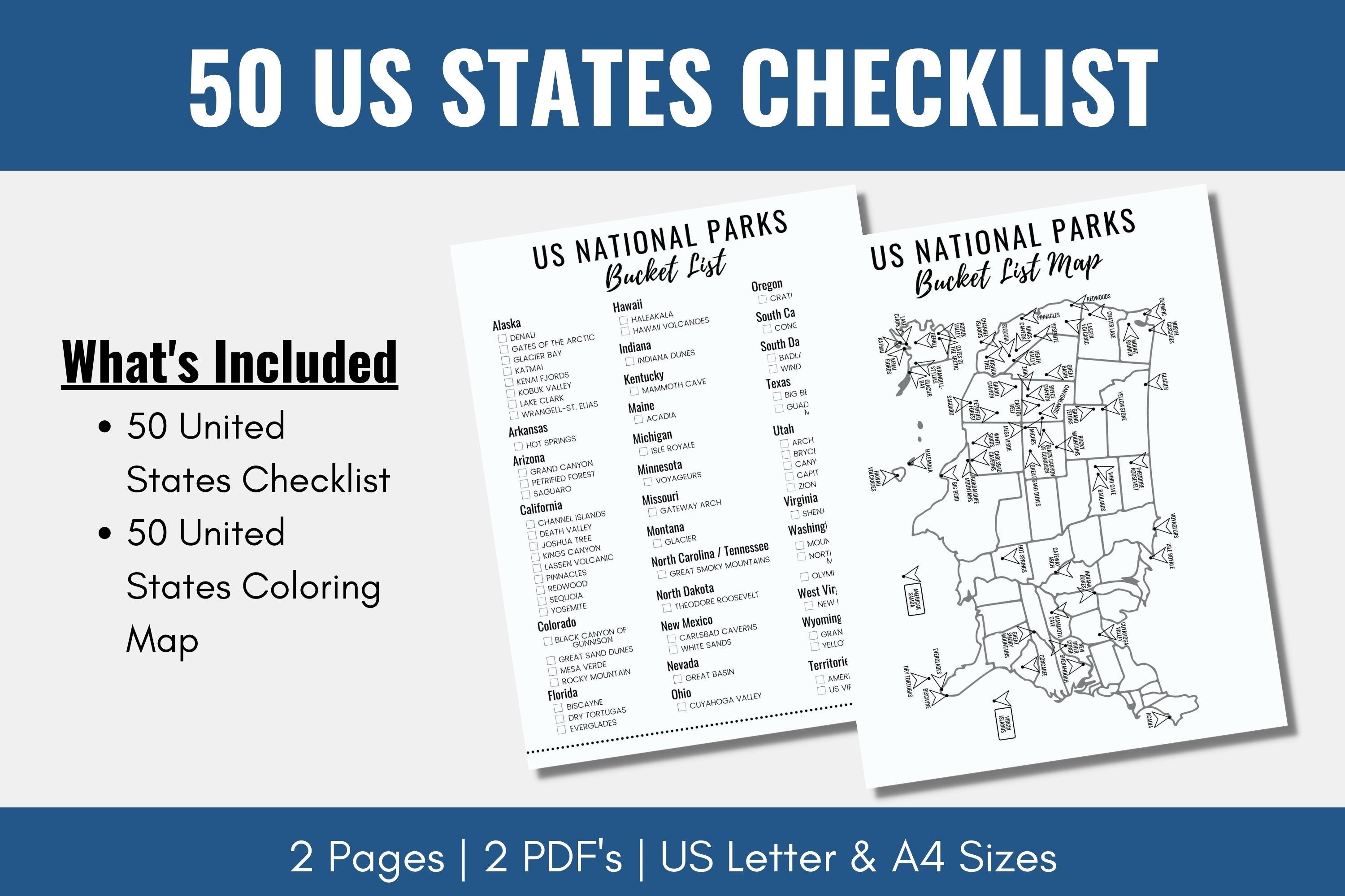 50 United States Bucket List and Map PRINTABLE, 50 States Checklist