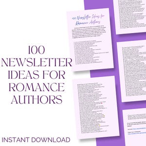 Peut inclure: Plusieurs feuilles de papier violet et blanc avec le texte "100 Idées de Newsletter pour Auteurs de Romance" et "Téléchargement instantané". Les papiers listent des idées.