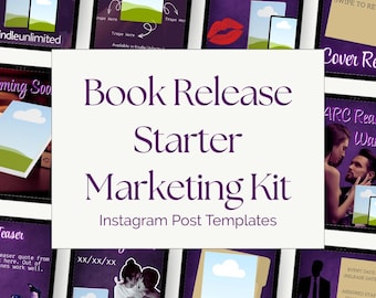 以下が含まれることがあります： 書籍マーケティング用のInstagram投稿テンプレートのコレクション。中央のグラフィックには、紫色のテキストで「Book Release Starter Marketing Kit」と書かれています。書籍関連のグラフィックが表示された、さまざまな携帯電話画面のモックアップが表示されています。