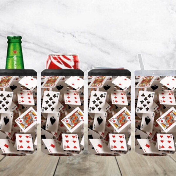 3D playing cards 20 oz sublimated stainless steel tumbler or 4 in 1 can cooler.