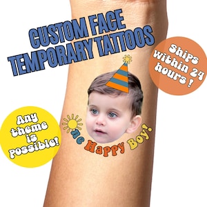 ONE Happy Boy Birthday Custom Face Temporary Tattoos , Childrens Birthday Party Favors , 1st Birthday Party, Personalized Fake Tattoos