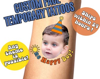 ONE Happy Boy Birthday Custom Face Temporary Tattoos , Childrens Birthday Party Favors , 1st Birthday Party, Personalized Fake Tattoos