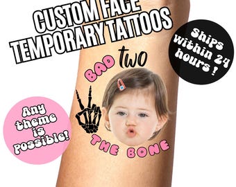 Bad TWO The Bone Birthday Custom Face Temporary Tattoos , Childrens Birthday Party Favors , 2nd Birthday Party, Personalized Fake Tattoos