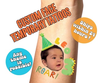 Geburtstag benutzerdefinierte Gesicht temporäre Tattoos, Kinder Party Gefälligkeiten, Kindergeburtstagsfeier, 1. Geburtstagsfeier, personalisierte Fake Tattoos