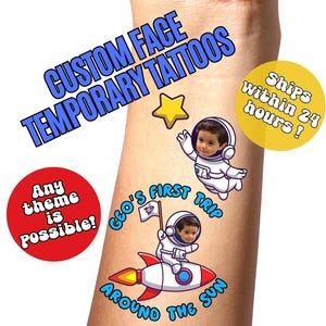 First Trip Around the Sun Temporary Tattoos: Astronaut Custom Face Tattoo, Space Theme Rocketship Favor, Kids Birthday Party Favors