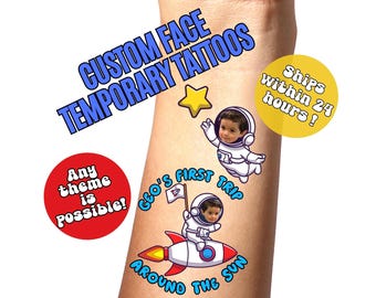 Birthday Custom Face Temporary Tattoos , Kids Party Favors , Childrens Astronaut Party , 1st Birthday Party , First Trip Around The Sun