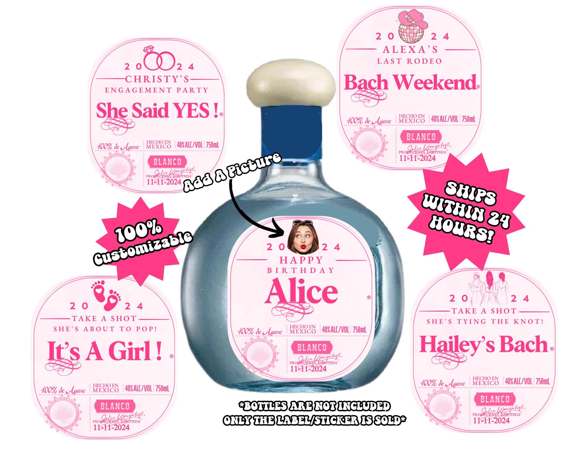 Pink Mini Don Julio Tequila Custom Label 50ML, Bridesmaid Gift, Wedding Favors, Bridesmaid Proposal, Bachelorette Favor,Final Fiesta,Baptism