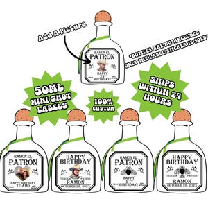 Mini Patron Tequila Custom Label 50ML, Birthday Gift, Groomsmen Gift, Bachelorette, Wedding Favors, Mini Shot Labels, Bridesmaid Proposal