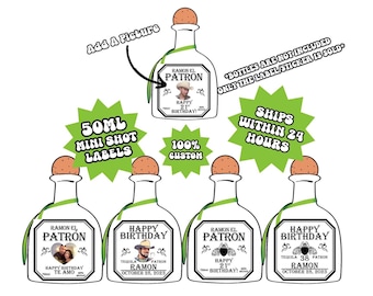 Mini Patron Tequila Custom Label 50ML, Birthday Gift, Groomsmen Gift, Bachelorette, Wedding Favors, Mini Shot Labels, Bridesmaid Proposal