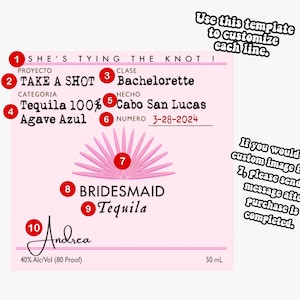 May include: A pink and white printable wedding party favor label with the text "She's tying the knot!" and "Take a shot!" with a palm tree design and the text "Bridemaid Tequila".