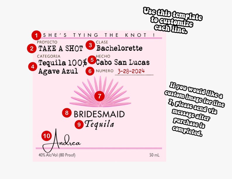 May include: A pink and white printable wedding party favor label with the text "She's tying the knot!" and "Take a shot!" with a palm tree design and the text "Bridemaid Tequila".