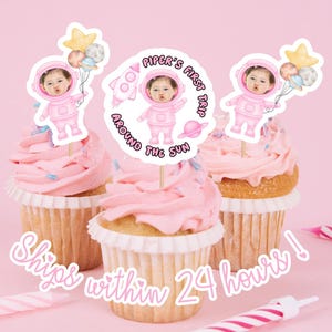 Topper per cupcake personalizzati rosa "1° viaggio intorno al sole", topper per cupcake con astronauta, topper per cupcake personalizzato per compleanno importante, spazio