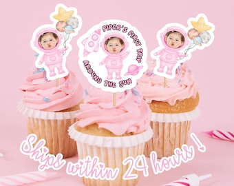 Pink First Trip Around The Sun Personalized Cupcake Toppers, Astronaut Cupcake Topper, Custom Two The Moon Birthday, Outer Space, Rocketship