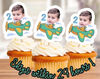 Time Flies, Airplane Personalized Cupcake Toppers, Custom Face Birthday Party, Plane Theme, Pilot, First Birthday