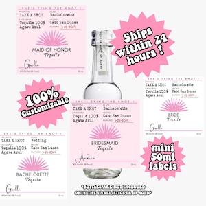 May include: Pink and white printable labels for 50 ml bottles of tequila. The labels feature a pink sunburst design and text that says "Bride Tequila", "Maid of Honor Tequila", "Bridesmaid Tequila", and "Bachelorette Tequila". The labels are customizable and include the text "She's Tying the Knot!" and "Take a Shot".