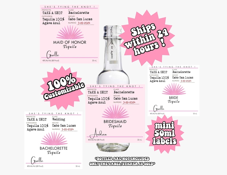 May include: Pink and white printable labels for 50 ml bottles of tequila. The labels feature a pink sunburst design and text that says "Bride Tequila", "Maid of Honor Tequila", "Bridesmaid Tequila", and "Bachelorette Tequila". The labels are customizable and include the text "She's Tying the Knot!" and "Take a Shot".