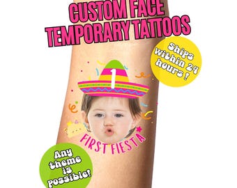 Aangepaste tijdelijke tatoeages eerste Fiesta-verjaardag: Taco Bout A-feestgunsten, 1e Fiesta, Mariachi-thema verjaardag, Cinco De Mayo, Charro-thema