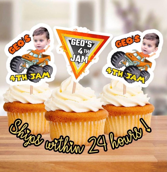 Monster Truck Custom Cupcake Toppers, Monster Truck Theme Cupcake Topper, Personalized Milestone Birthday Cupcake Topper, Face On Truck