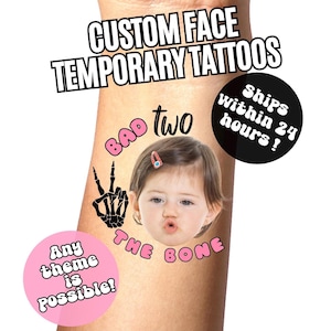 Bad TWO The Bone Birthday Custom Face Temporary Tattoos , Childrens Birthday Party Favors , 2nd Birthday Party, Personalized Fake Tattoos
