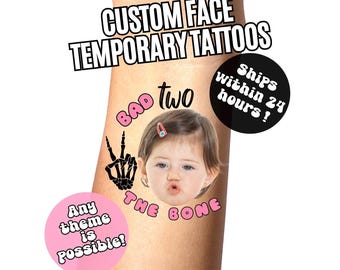 Tatuajes temporales personalizados para la cara de Bad TWO The Bone Birthday, recuerdos para fiestas de cumpleaños infantiles, fiesta de segundo cumpleaños, tatuajes falsos personalizados