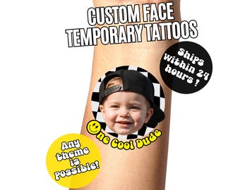 ONE Cool Dude Birthday Custom Face Temporary Tattoos , Childrens Birthday Party Favors , 1st Birthday Party, Personalized Fake Tattoos