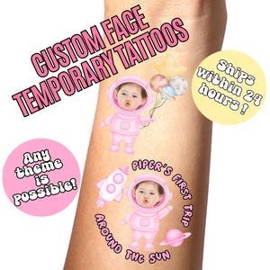 Pink Astronout Custom Temporary Tattoos: Childrens Birthday Party Favors, 1st Trip Around The Sun, Personalized Tattoo, Girls Space Theme