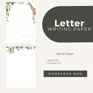 May include: A printable letter writing paper template featuring a giraffe and a sloth with green leaves. The text "Letter Writing Paper" is in a dark green circle at the top of the page. The text "Blank Paper" is below the circle. The text "Digital PDF" and "Printable PDF" are listed below "Blank Paper". The text "DOWNLOAD NOW" is in a dark green rectangle at the bottom of the page.