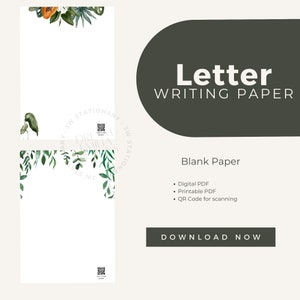 May include: A printable letter writing paper template with a green leafy border and a papaya fruit. The template includes a QR code for scanning. The text "Letter Writing Paper" is displayed in a green circle.