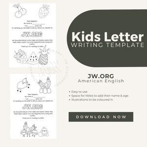 May include: Black and white printable letter writing template for kids featuring a chicken and chicks, a lamb, a watermelon, grapes, and a pineapple. The template includes space for the child to write their name, age, and a letter to a neighbour. The template also includes the text "JW.ORG American English" and "Download Now".