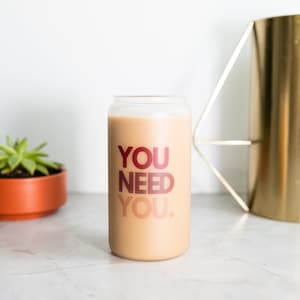 Iced Coffee Cup Glass, Gift for Her, Frosted Glass Tumbler Gift for Mom, Mental Health Awareness, Daily Reminder Affirmations